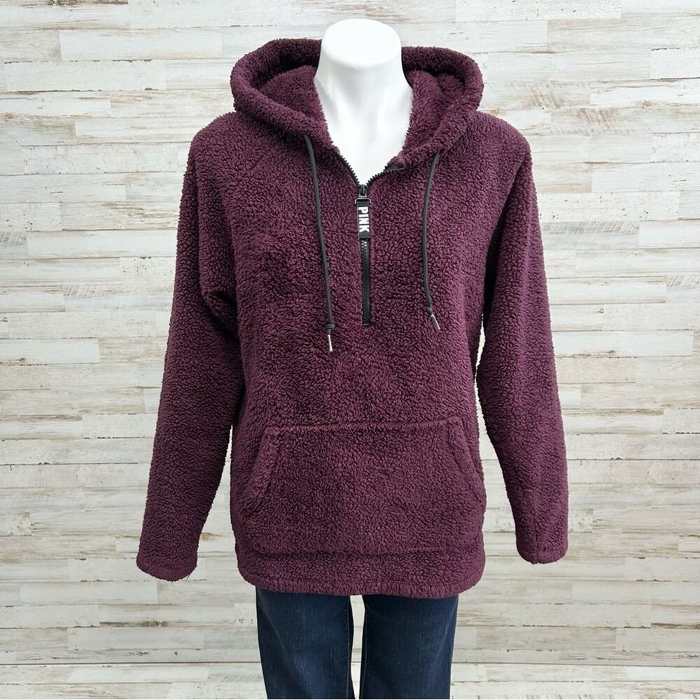Victorias Secret Pink Teddy Fleece Jacket Womens Size XS Burgundy Quarter Zip - Picture 3 of 16